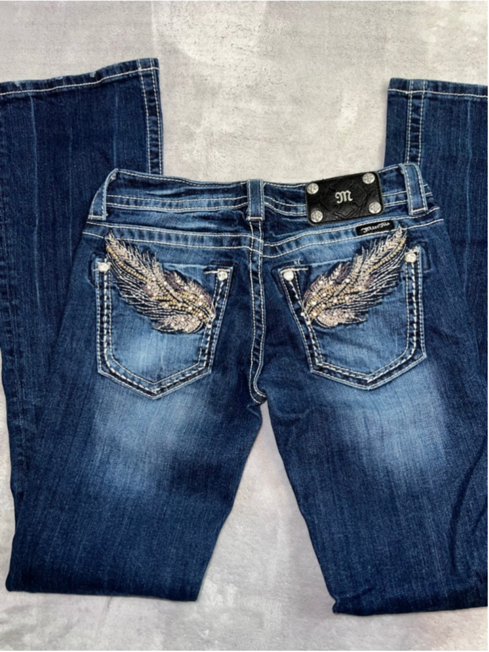 Miss Me Blue Boot Cut Jeans Wing Feather POCKETS MCBLING Size 28 - Picture 5 of 7